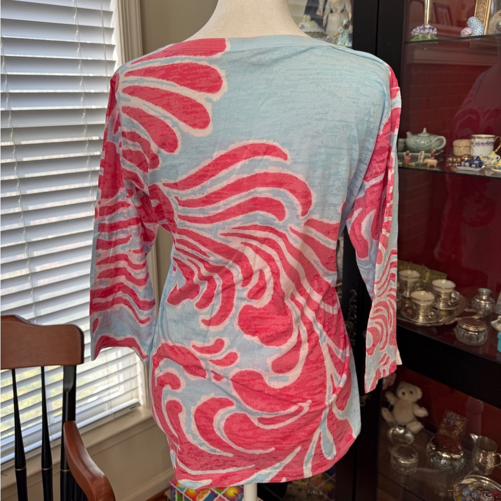 Before + Again pale blue & pink 3/4 sleeve scoop neck burnout shirt large - Picture 4 of 9